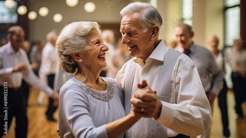 a couple of seniors dressed in comfortable dance costumes, laughing and twirling while taking ballroom dancing lessons in a community center