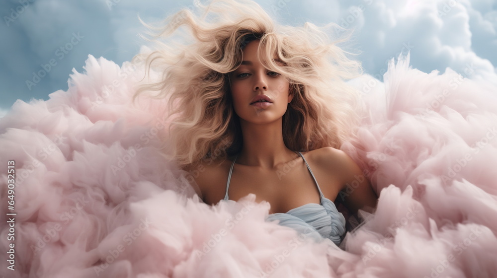 A girl with gentle sky-blue eyes, wearing a billowing gown that mimics clouds, floating in the sky amidst cotton candy clouds. A girl with gentle sky-blue eyes, wearing a billowing gown that mimics clouds, floating in the sky amidst cotton candy clouds.