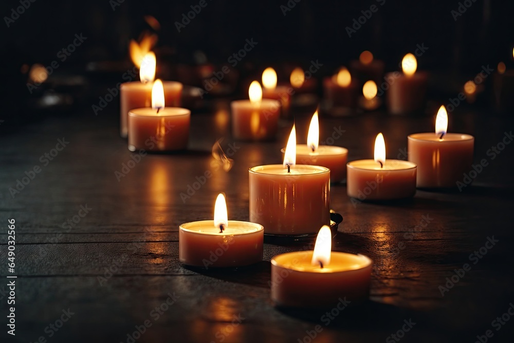 Burning candles on floor in darkness. ai generative Burning candles on floor in darkness. ai generative