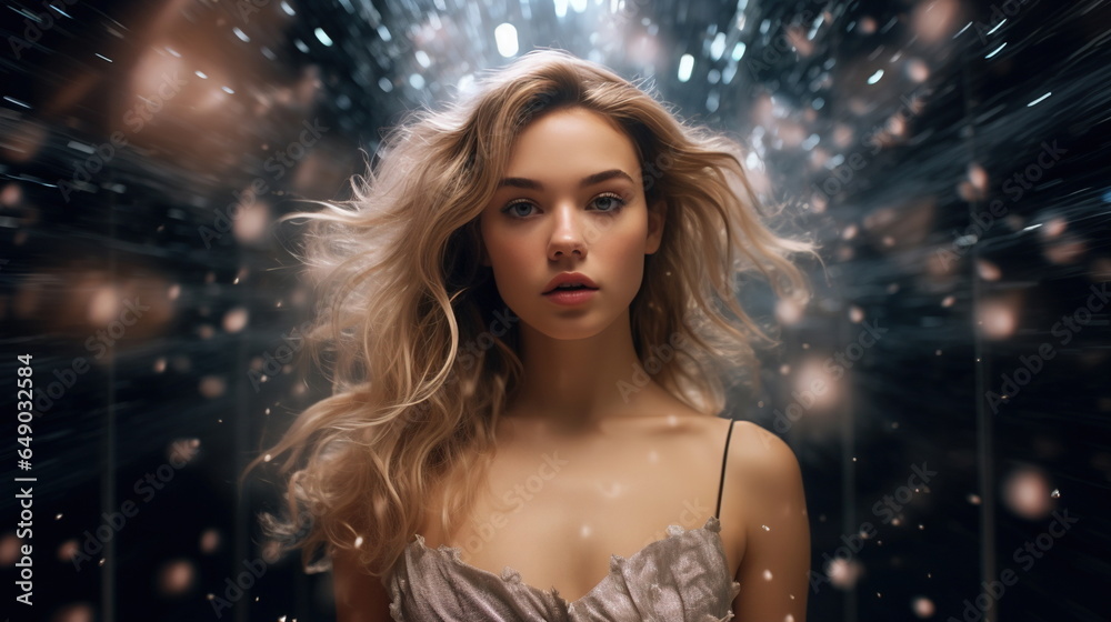 A girl with eyes shimmering like distant galaxies, in an ethereal dress, in the silent beauty of space, surrounded by stars and nebulae A girl with eyes shimmering like distant galaxies, in an ethereal dress, in the silent beauty of space, surrounded by stars and nebulae