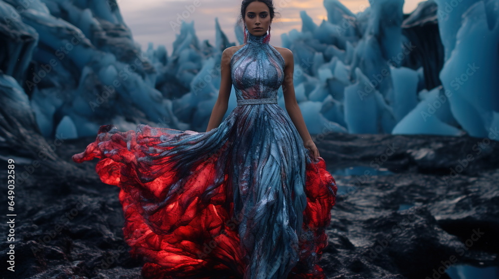 A girl, wearing a dress that goes from fiery red to icy blue. She stands against a landscape where fire and ice meet, demonstrating the duality of her elemental power.