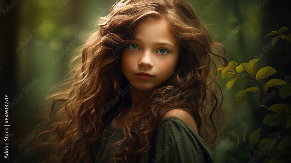 A girl with emerald green eyes, wearing a flowing cloak made of leaves and vines, standing in a misty, ancient forest with sunlight filtering through the trees. 