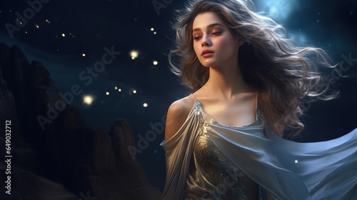 a portrait of a girl with luminous celestial-themed clothing and accessories  such as a flowing dress adorned with stars 