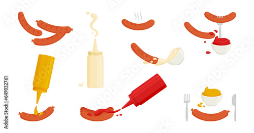 Sausage and sauce vector icon. Bbq sauce, mustard, myonnaise, ketchup bottle and bowl. Grill hot food isolated on white background. Tasty illustration