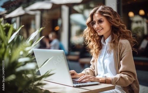 Happy smiling young student girl using laptop computer sitting outdoor. Generative AI