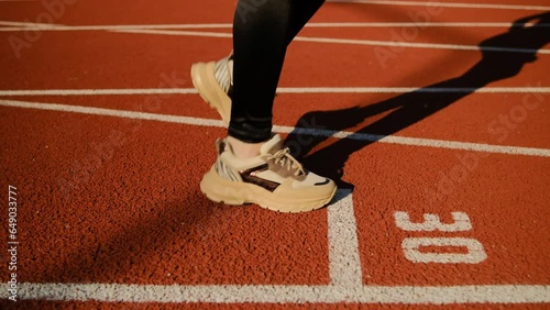 Woman running at a stadium in sunny day