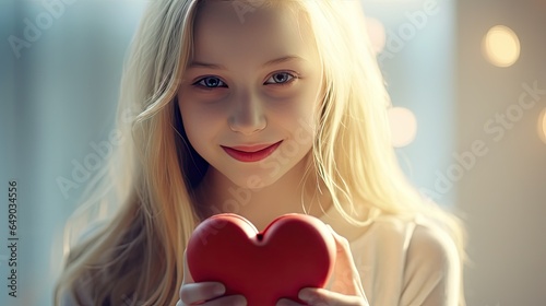A beautiful young woman holds a red heart in her hands. Love concept for Valentine's Day. Illustration for cover, card, postcard, interior design, decor or print.