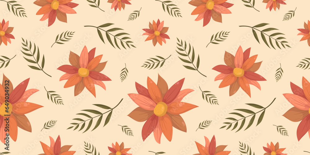 Seamless pattern with autumn orange brown flower and a branch. Fall pattern for wallpaper, wrapping paper, web sites, background, social media, blog, presentation, invitations and greeting cards.