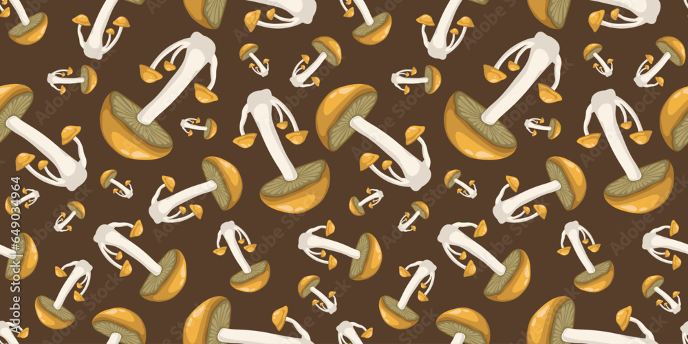 Seamless pattern with autumn brown boletus fungus mushroom. Fall pattern for wallpaper, wrapping paper, web sites, background, social media, blog, presentation, invitations and greeting cards. Seamless pattern with autumn brown boletus fungus mushroom. Fall pattern for wallpaper, wrapping paper, web sites, background, social media, blog, presentation, invitations and greeting cards.