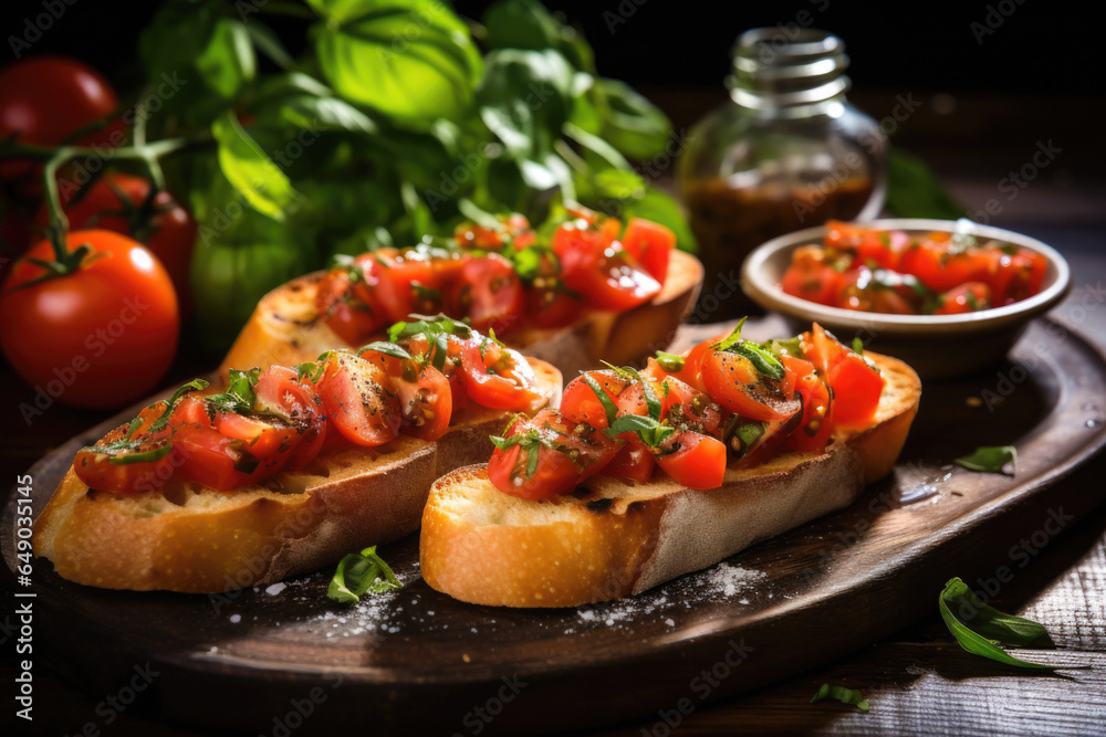 Homemade Italian Bruschetta Appetizer with Fresh Basil and Juicy Tomatoes on a Wooden Board, side view