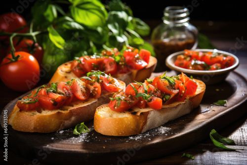 Homemade Italian Bruschetta Appetizer with Fresh Basil and Juicy Tomatoes on a Wooden Board, side view