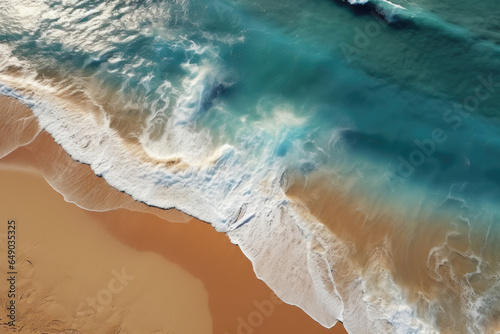 Close up of ocean waves rolling onto a beautiful beach with pink sand at sunrise. Sandy coastline with white turquiose sea waves. Soft wave of the sea on sandy beach with white clean foam