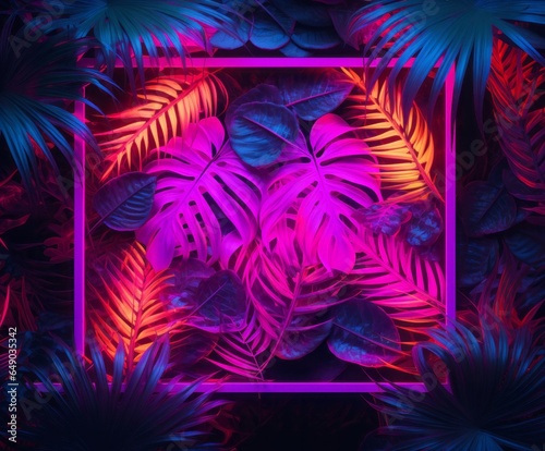 eative tropical background made of fluorescent tropical leaves with neon frame
