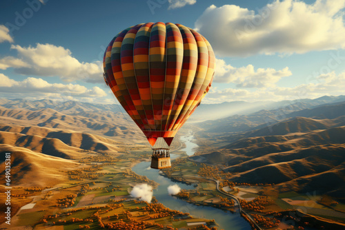 Red orange hot air balloon flies against a partly cloudy sky above a river through a beautiful valley with a backdrop of mountains