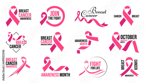 Pink cancer ribbon icons. Pink ribbons logo isolated. Breast cancer awareness ribbon emblem