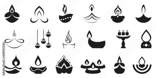 Diwali lamp icon collection. Candle oil lamp logo in black. Diwali lamp icons