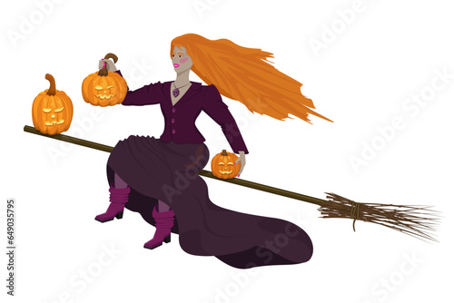 Beautiful red-haired witch flies on a broomstick with pumpkins to celebrate Halloween 