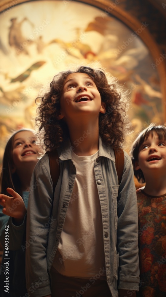 A group of children standing in front of a painting