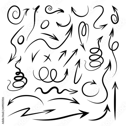 Hand drawn vector arrows. Thin line curly, spiral, swirly and wavy arrow. Calligraphic arrows set for graphics, maps, web, infographic, navigation, business.