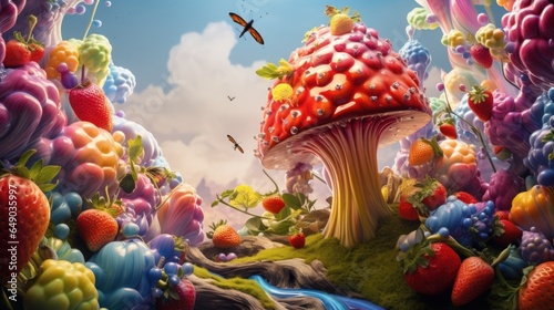 A mushroom is surrounded by lots of fruit