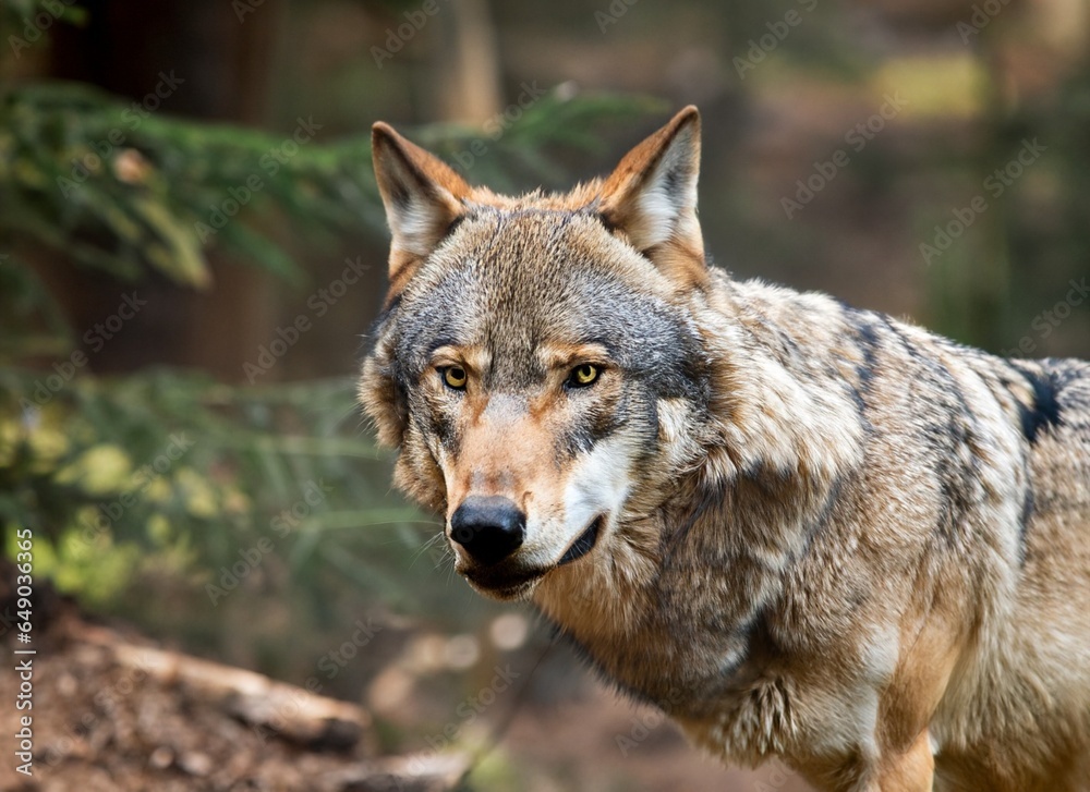 CLOSE-UP OF A WOLF IN THE FOREST