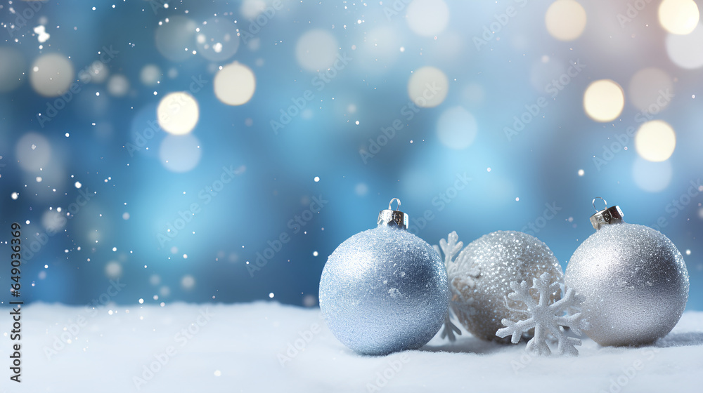 A winter background adorned with Christmas toys nestled in the snow, accompanied by snowflakes, beautiful lighting, and bokeh against a twilight blue sky. This composition offers ample copy space and A winter background adorned with Christmas toys nestled in the snow, accompanied by snowflakes, beautiful lighting, and bokeh against a twilight blue sky. This composition offers ample copy space and