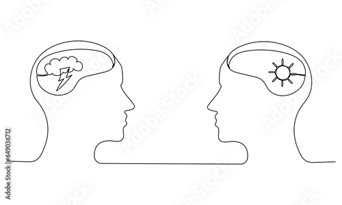Two human heads with storm cloud and sun in continuous one line art style. Opposite thinking concept. Simple vector illustration