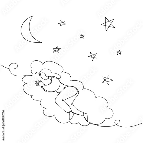 Continuous one line drawing of sleeping person. Woman dreaming on a cloud. Simple vector illustration