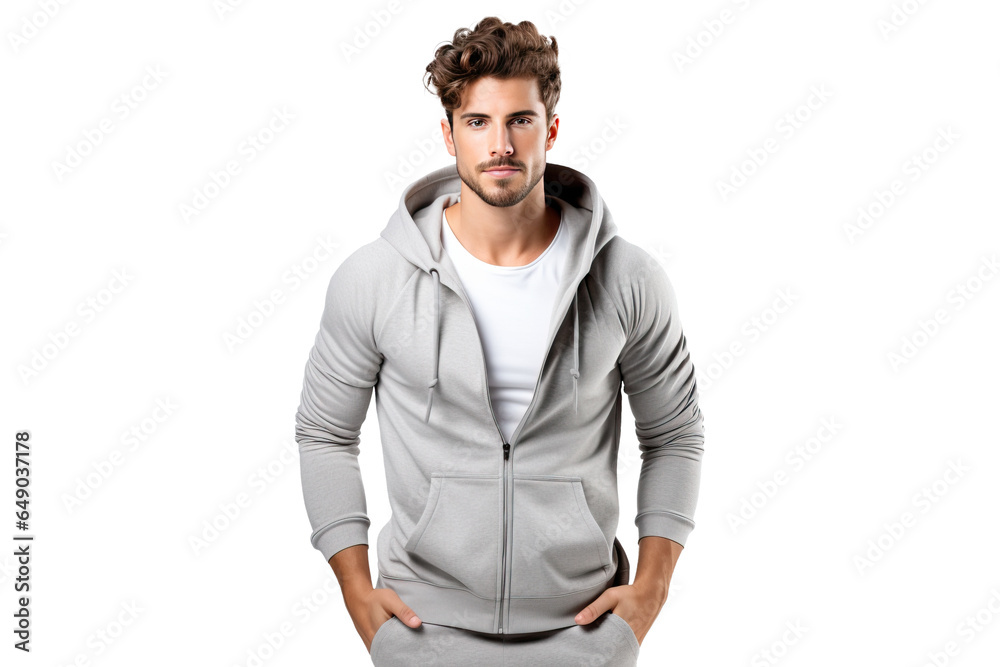 Fototapeta premium attractive young man in white sweatshirt in training style, png isolated on white transparent background