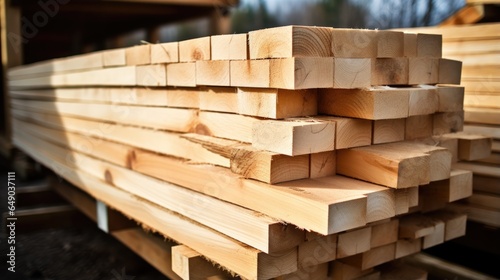 Piled stack of natural wooden boards  close up view. Industrial timber for carpentry  building  repairing and furniture  lumber material for construction