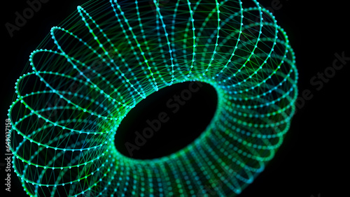 Abstract green torus on black background. Wireframe circle structure with glowing particles and lines. Futuristic digital illustration. 3D rendering.