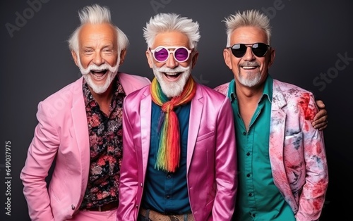 Funny old hipsters retired men wearing colorful clothes relaxing posing in a studio. Generative AI