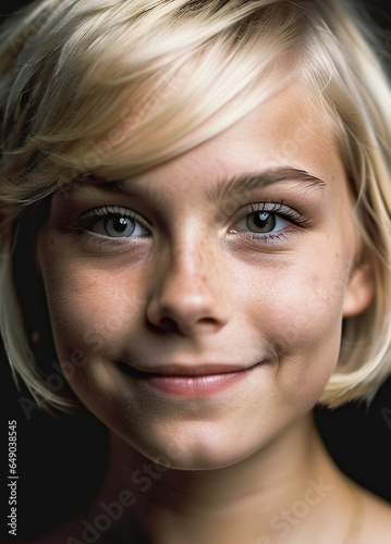 blonde girl smiling, with incredible details