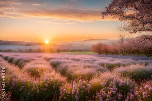 an awe-inspiring scenery depicting a sunrise over a field of blossoming flowers - AI Generative