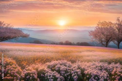 an awe-inspiring scenery depicting a sunrise over a field of blossoming flowers - AI Generative