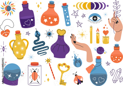 Isolated doodle magic elements. Witchcraft mystical icons, witch crystal globe and potion. Wizard snake, amulet and mystic herbs decent vector set