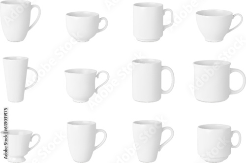 Isolated realistic white cup, drinking mug. 3d coffee cups, mugs mockup design. Beverages ceramic crockery, different pithy vector elements