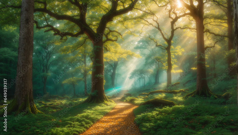 A breathtaking, tranquil forest bathed in soft, golden sunlight, where ancient trees stand tall and proud, their emerald leaves shimmering in the gentle breeze - AI Generative