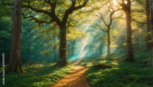 A breathtaking, tranquil forest bathed in soft, golden sunlight, where ancient trees stand tall and proud, their emerald leaves shimmering in the gentle breeze - AI Generative © Being Imaginative