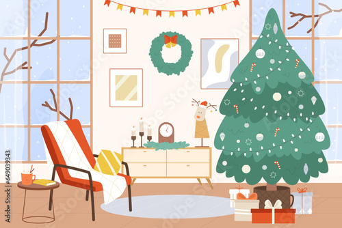 Christmas tree living room interior. Winter holiday area with snowy window. Xmas gift boxes and new year decorations. Snugly cartoon vector scene