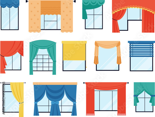 Window curtains and blinds. Isolated windows with fabric decor, flat interior decorative design. Modern and retro drapes decent vector set