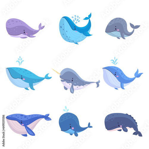 Cartoon whales. Cute underwater whale characters, marine animals. Isolated childish animal for stickers, funny creatures nowaday vector clipart