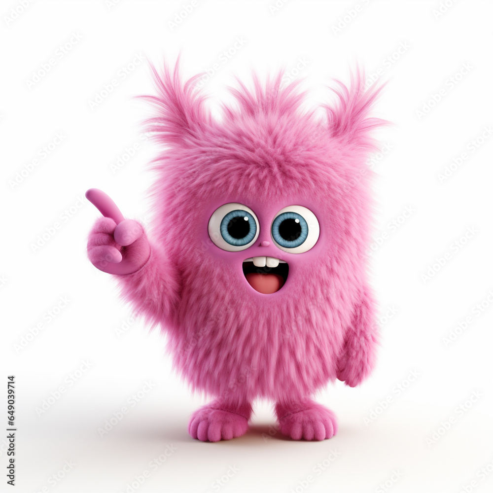 Adorable Fuzzy Pink Monster Toy Gesturing to the Left - Ideal for Children's Fantasy and Creative Adventures. Generative AI.