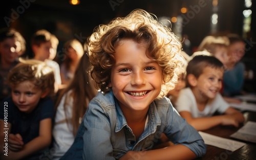 Young cute boy smiling studying in the classroom sitting at the desk. Generative AI