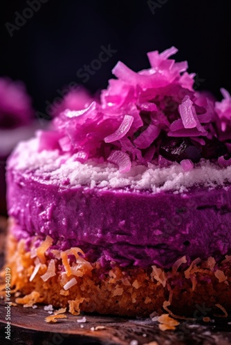 A close up of a purple cake on a plate