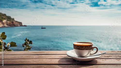 Cup of coffee on table with Italian old cafe at the background 