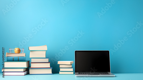 Back to school concept with laptop and books on blue background with copy space © StockSavant
