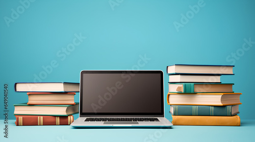 Back to school concept with laptop and books on blue background with copy space © StockSavant