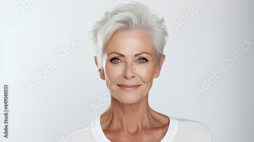 Beautiful gorgeous 50s mid aged mature woman looking at camera isolated on white. Mature old lady close up portrait. Healthy face skin care beauty, middle age skincare cosmetics, cosmetology concept 