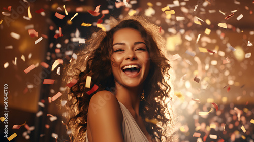 Beautiful happy woman at celebration party with confetti falling everywhere on her. Birthday or New Year eve celebrating concept 